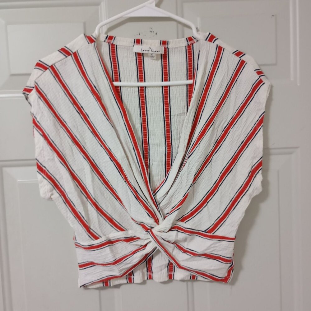 Love Tree Womens Striped Twist-Front Top Size M Blouse White and Red